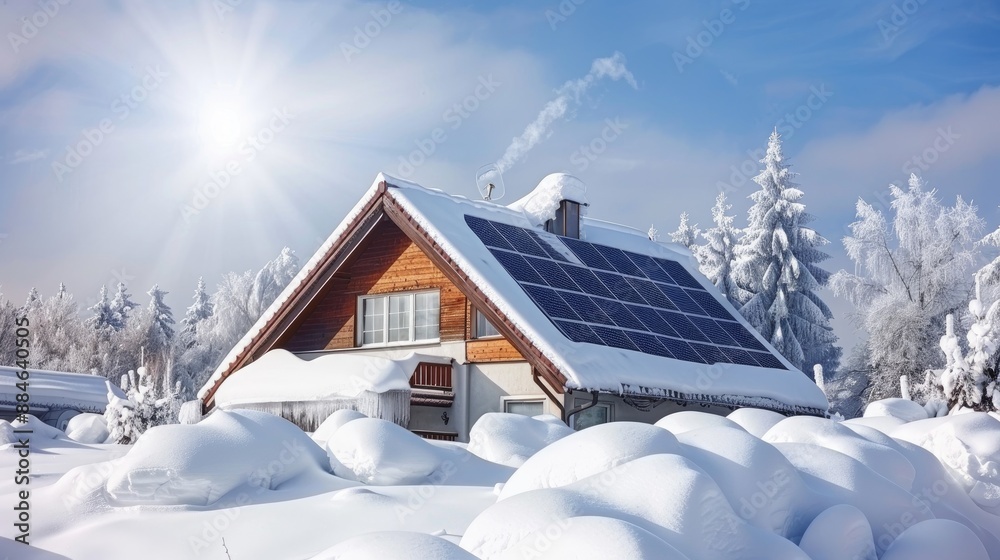 Winter House Roof with Snow Covered Solar Panels Generating Electricity on Sunny Day Winter House Roof with Snow Covered Solar Panels Generating Electricity on Sunny Day