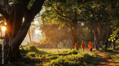 three monks walk in sunrise in Asaraha Bucha day morning , The End of Buddhist Lent Day photo