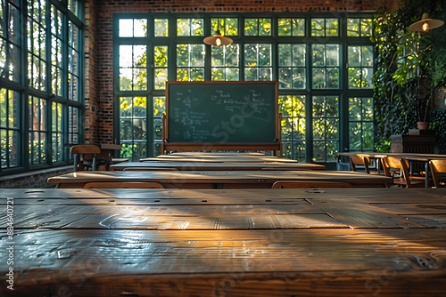 Empty classroom with rows of wooden desks and a green chalkboard in the background, sunlight streaming through large windows, creating a serene atmosphere. photo