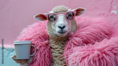 Sheep with fashionable sunglasses and a coffee cup in its hoof, against a pastel backdrop