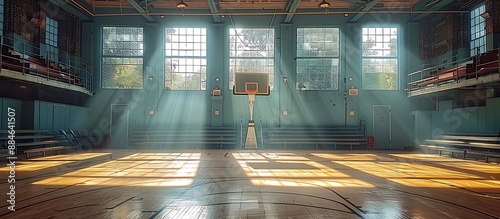 An empty gymnasium with basketball hoops, folded bleachers, and sunlight streaming through windows. photo