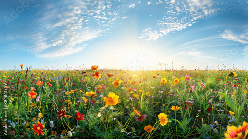 Fototapeta Naklejka Na Ścianę i Meble -  A panoramic photograph of a lush meadow filled with wildflowers, colorful and diverse, under a clear blue sky with a radiant sun