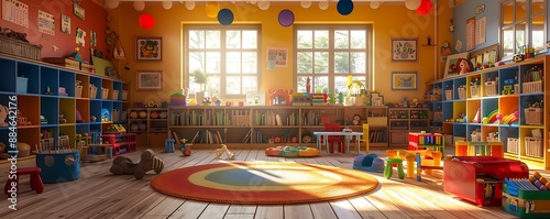 A bright and colorful preschool classroom with toys, books, and a welcoming atmosphere. photo