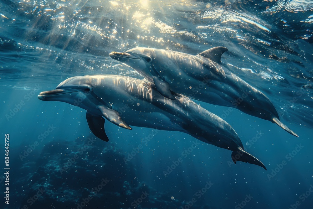 Fototapeta premium Dolphins Swimming in the Ocean, Underwater Photography with Sun Rays Creating Beautiful Light Effects, Peaceful Atmosphere 