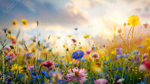 A close-up photograph of wildflowers in a vibrant field, showcasing their intricate details and vivid colors