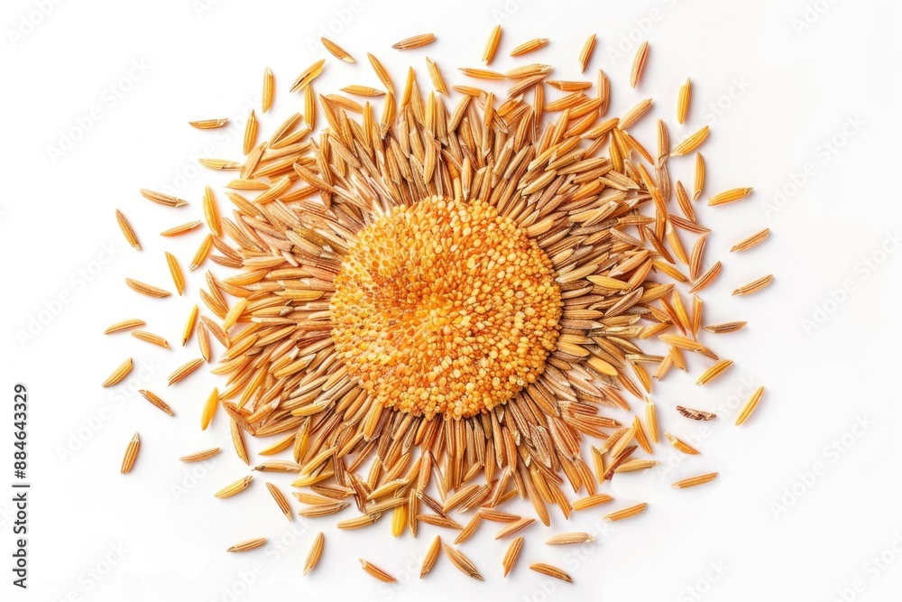 Fototapeta premium A creative sculpture made from rice grains forming a sunflower shape on a white background