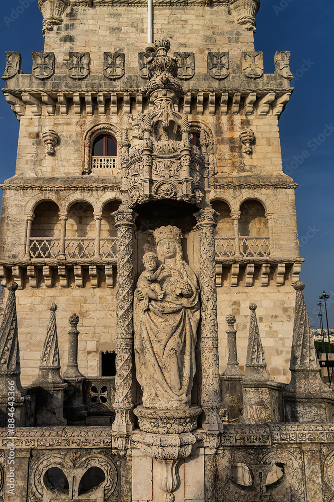 Fototapeta premium Belem Tower (Torre de Belem, 1519) - fortified tower located on Tagus River in civil parish of Santa Maria de Belem. Belem Tower is a UNESCO World Heritage Site. LISBON, PORTUGAL.