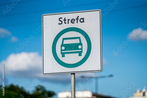 Green transport zone sign in Warsaw city centre
