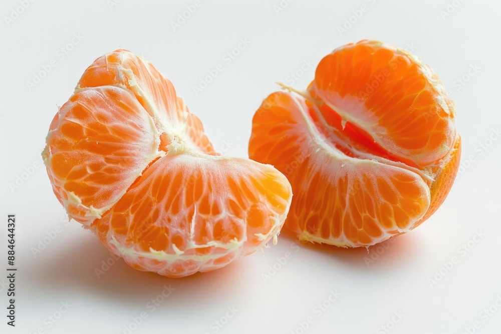 Two peeled oranges sit on a white surface, ready for use or decoration Two peeled oranges sit on a white surface, ready for use or decoration