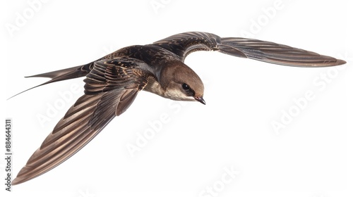 Common swift bird spreads its powerful wings while soaring through a bright white sky