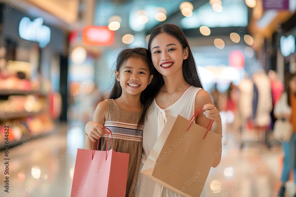 mother and daughter happily carrying shopping bags in a shopping mall mother and daughter happily carrying shopping bags in a shopping mall