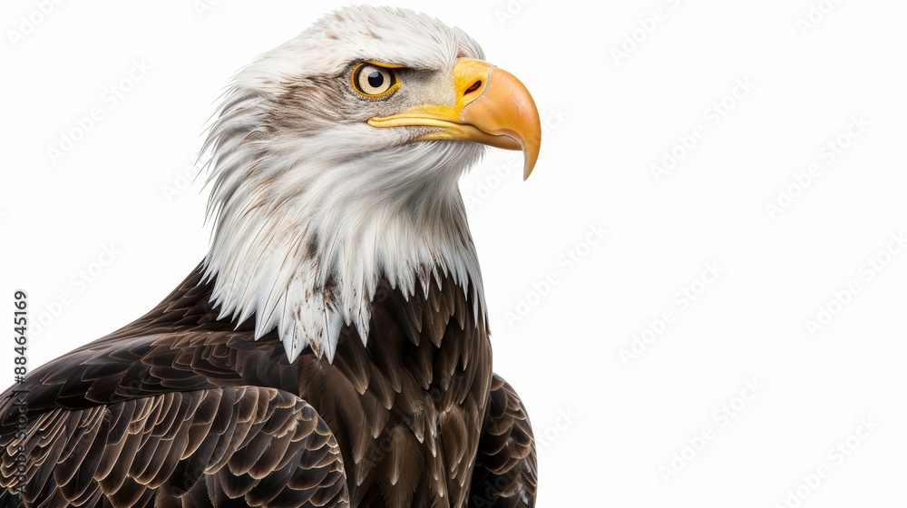 Obraz premium Proud bald eagle with intense eyes exudes freedom and strength against a white background, capturing the essence of a majestic bird of prey