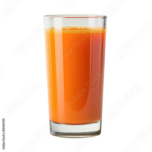 A glass of freshly squeezed orange juice. The glass is full of bright orange juice and has a few bubbles on top.