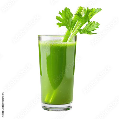A glass of fresh green celery juice with a celery stalk garnish.