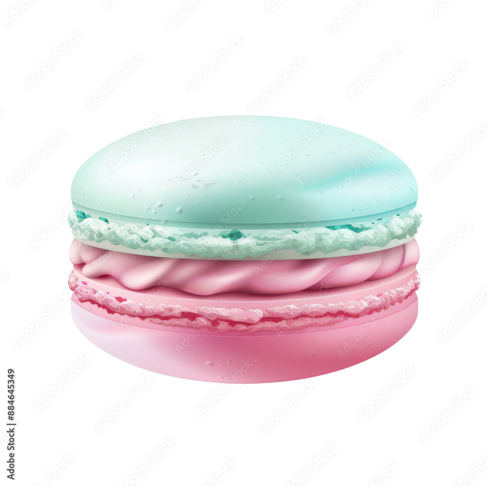A single, isolated pastel blue and pink macaron with white filling. A single, isolated pastel blue and pink macaron with white filling.
