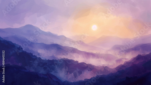 A painting of a sunrise over misty mountains, early morning light, gentle hues of purple and orange, ethereal and peaceful scene