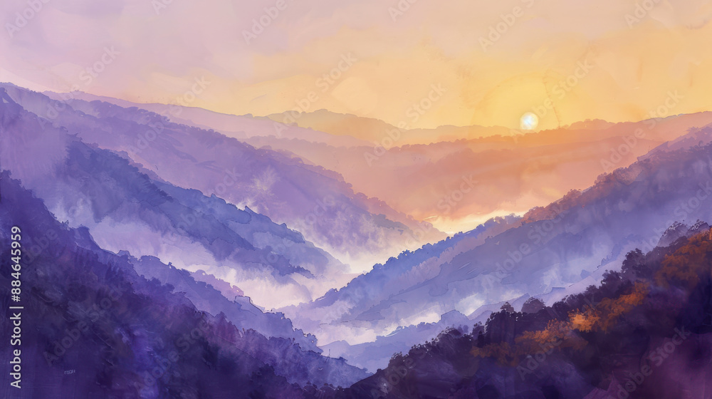 Obraz premium A painting of a sunrise over misty mountains, early morning light, gentle hues of purple and orange, ethereal and peaceful scene