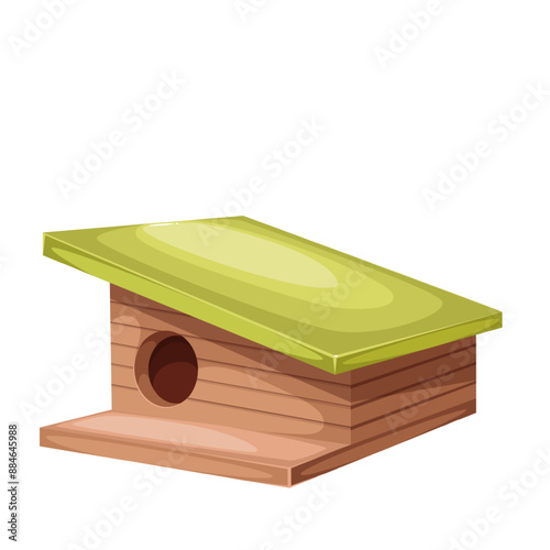 Birdhouse, cartoon low wooden home of bird. Funny cute house for birds made of wood planks with circle hole for entry, green roof and nest, cartoon park homemade birdfeeder vector illustration
