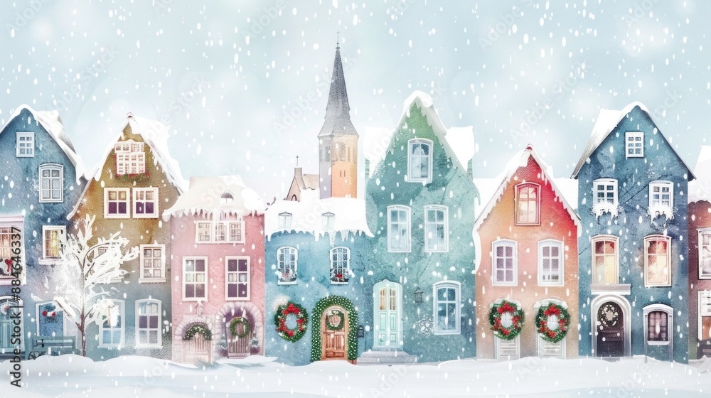 A charming city street at Christmas with pastel houses, wreaths, a church spire, and snow. Perfect for greeting cards, invitations, and advertisements A charming city street at Christmas with pastel houses, wreaths, a church spire, and snow. Perfect for greeting cards, invitations, and advertisements