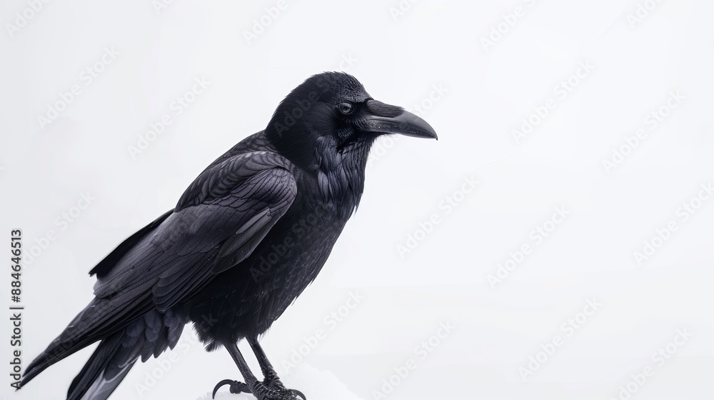Alert lone black raven stands against a bright white background, its dark feathers creating a striking contrast Alert lone black raven stands against a bright white background, its dark feathers creating a striking contrast