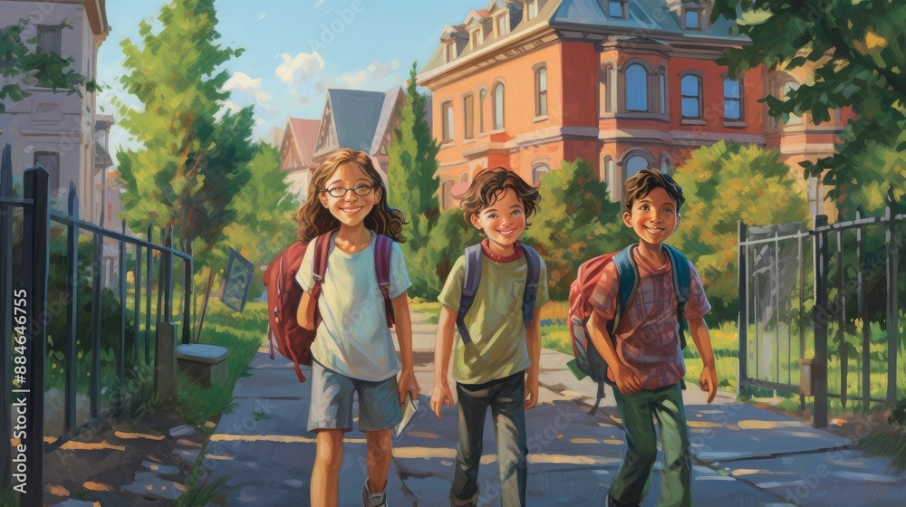 Children going to school cartoon style. genarative AI. Children going to school cartoon style. genarative AI.