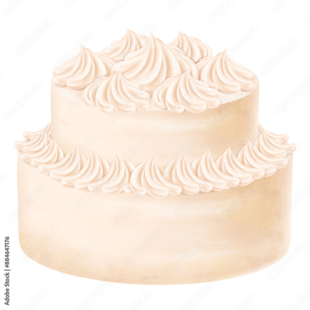 Beige sponge cake festive two-tiered cake decorated with vanilla cream. Confectionery sweetness with meringue for birthday, wedding, anniversary. A celebration dessert. Digital isolated illustration Beige sponge cake festive two-tiered cake decorated with vanilla cream. Confectionery sweetness with meringue for birthday, wedding, anniversary. A celebration dessert. Digital isolated illustration