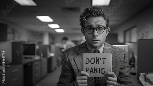 Young quirky and eccentric business executive holding a sign that says “DON’T PANIC” - office humor - black and white - classic style - vintage aesthetics 