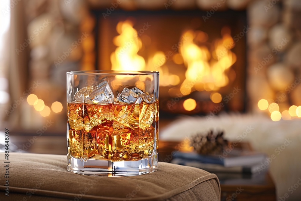 Scotch whisky in glass with ice, by a fireplace view. Scotch whisky in glass with ice, by a fireplace view.