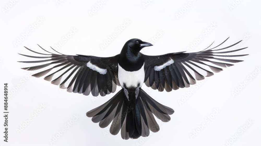 Obraz premium Eurasian magpie in flawless symmetry while flying against a white backdrop