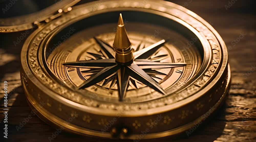 A compass made in ancient times with beautiful carvings, resting on a weathered wooden table A compass made in ancient times with beautiful carvings, resting on a weathered wooden table