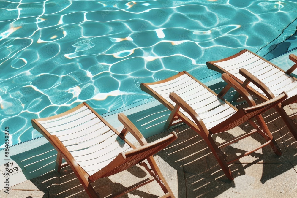 Three wooden sun loungers await by the shimmering swimming pool on a sunny day Three wooden sun loungers await by the shimmering swimming pool on a sunny day