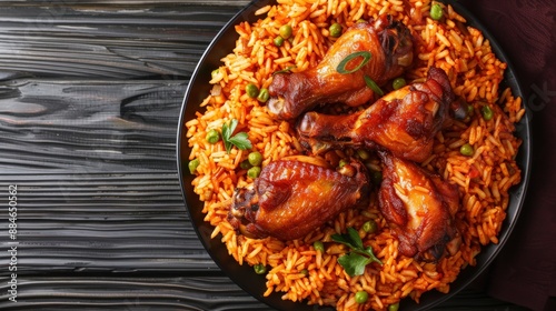 Jollof Rice with Fried Chicken Wings on Plate