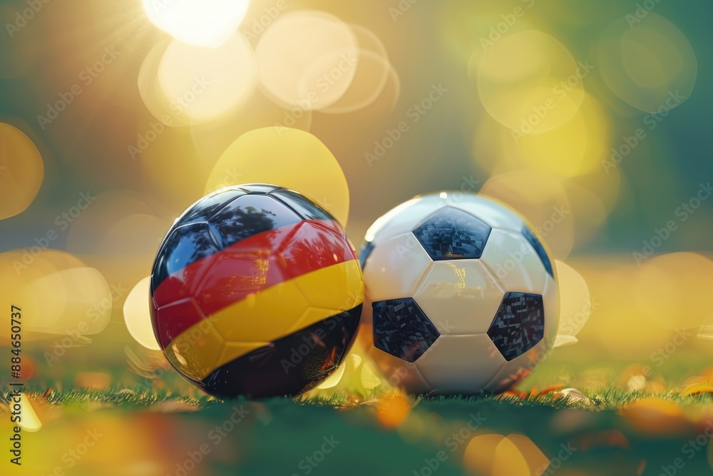 Fototapeta premium Two soccer balls sit side by side on a grassy field, ready for play