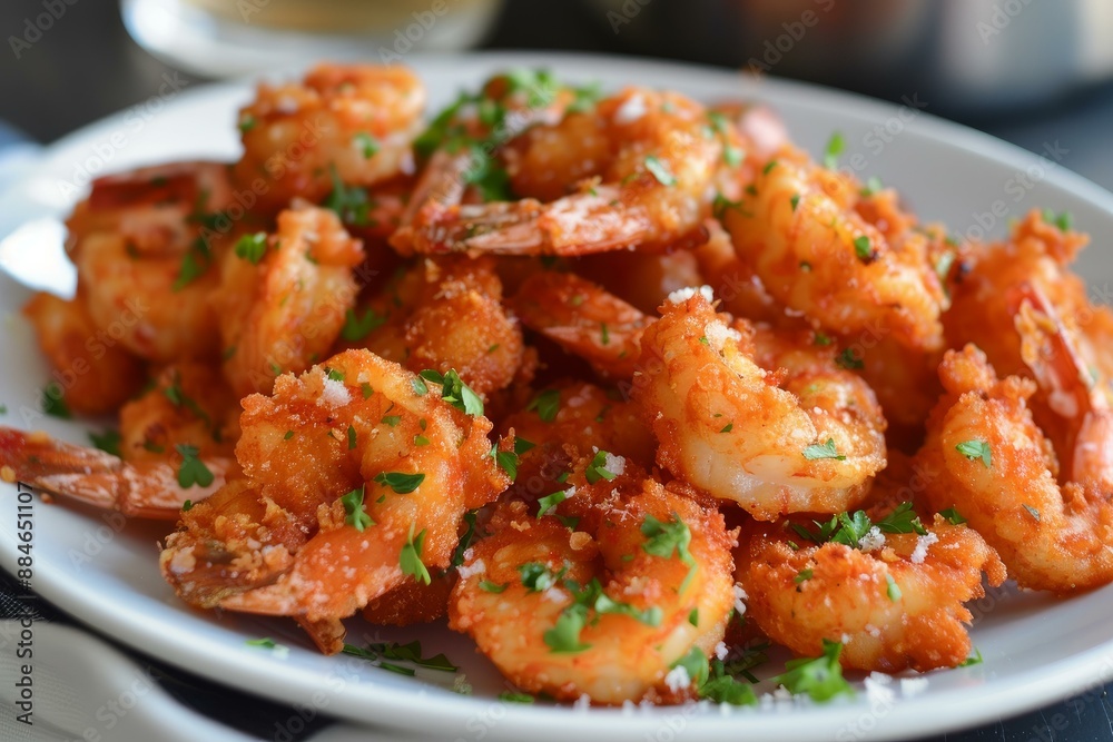Closeup of delicious spicy garlic shrimp garnished with parsley, ready to serve Closeup of delicious spicy garlic shrimp garnished with parsley, ready to serve