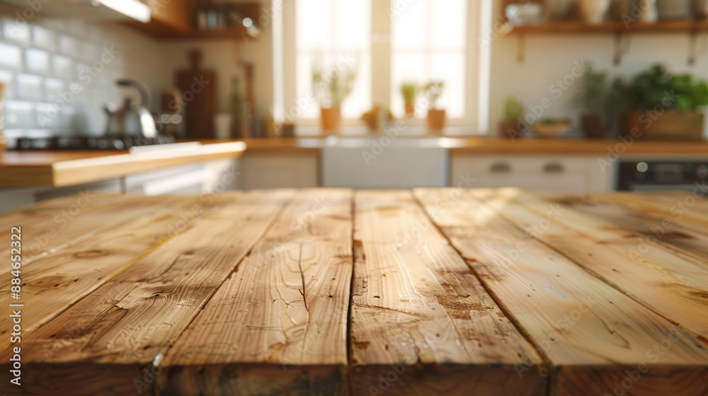 Wooden table on blurred kitchen Wooden table on blurred kitchen