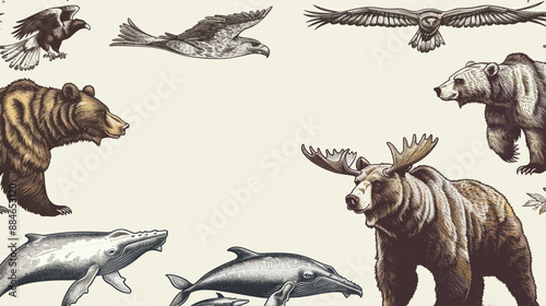 Realistic illustration of bears, moose, whales, and birds, ideal for wildlife conservation, nature education, and outdoor adventure themes