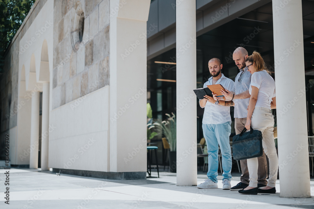 Team of three professionals using a tablet for business collaboration outside a contemporary office building. Discussing plans and ideas in an outdoor setting. Team of three professionals using a tablet for business collaboration outside a contemporary office building. Discussing plans and ideas in an outdoor setting.