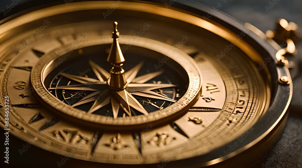 A compass made in ancient times with beautiful carvings, resting on a weathered wooden table A compass made in ancient times with beautiful carvings, resting on a weathered wooden table