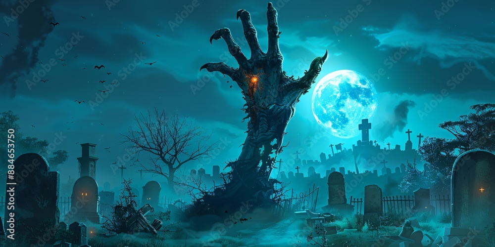 Obraz premium Zombie hand rises out of cemetery at night.