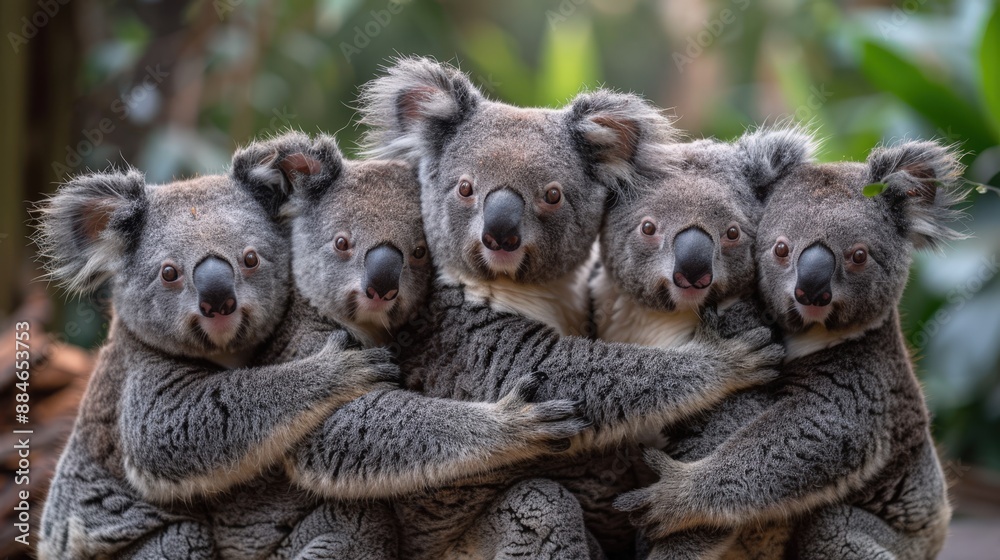 5 koalas hugging each other in the forest 5 koalas hugging each other in the forest