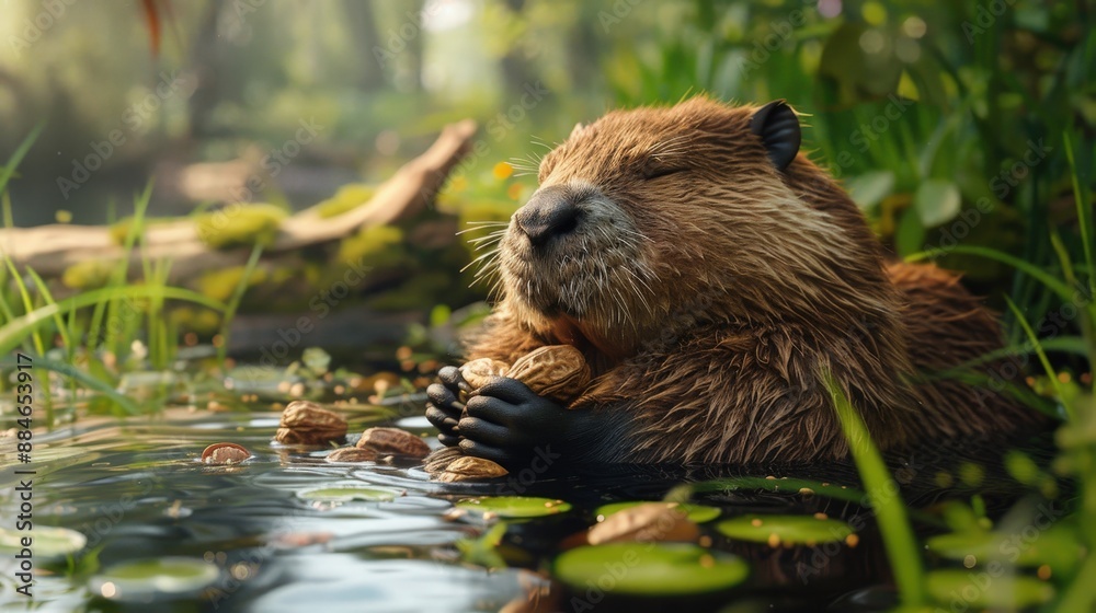 Beaver eating walnuts in the water Beaver eating walnuts in the water