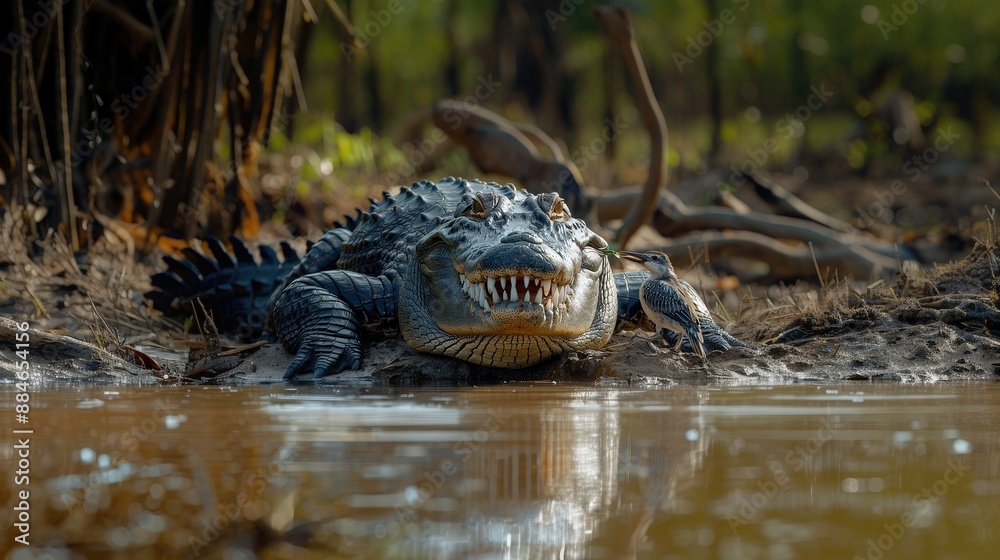 Fototapeta premium Alligator and a bird by the river