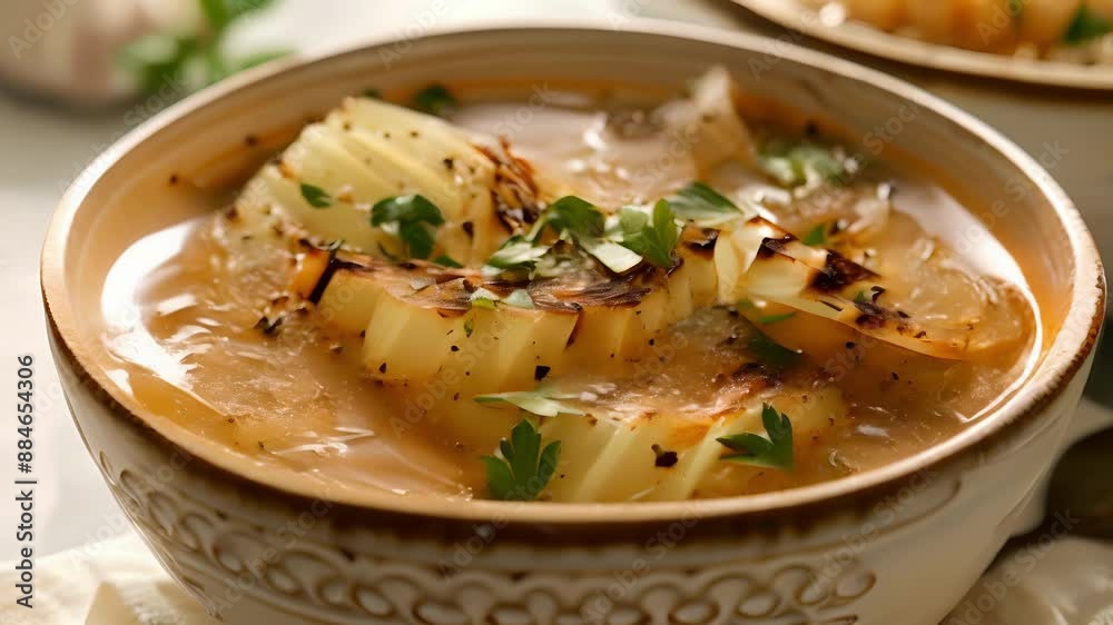A bowl of grilled cabbage wedge soup filled with chunks of charred cabbage and topped with fresh herbs. A bowl of grilled cabbage wedge soup filled with chunks of charred cabbage and topped with fresh herbs.