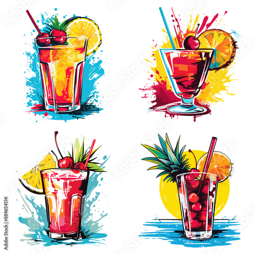 Four colorful drinks with straws in them