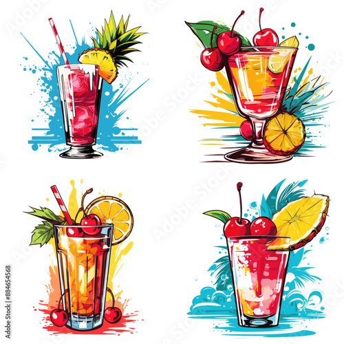 Four colorful drinks with straws and fruit garnish
