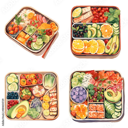 Four different types of food are shown in a square dish