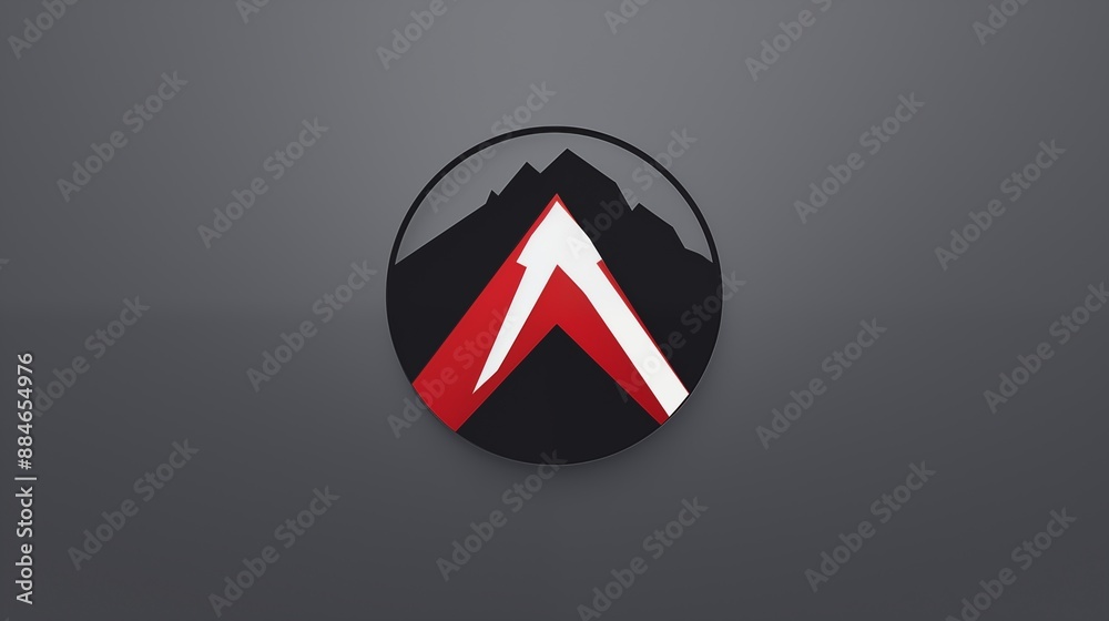 Abstract Mountain Logo in Circle with Red and White Design Elements on Dark Background Abstract Mountain Logo in Circle with Red and White Design Elements on Dark Background