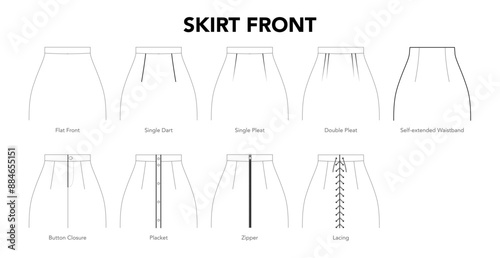 Set of Skirt front styles - Flat, Single Dart, Double Pleat, Button Closure, Placket, Zipper technical fashion illustration. Flat apparel template front view. Women, men unisex CAD mockup isolated