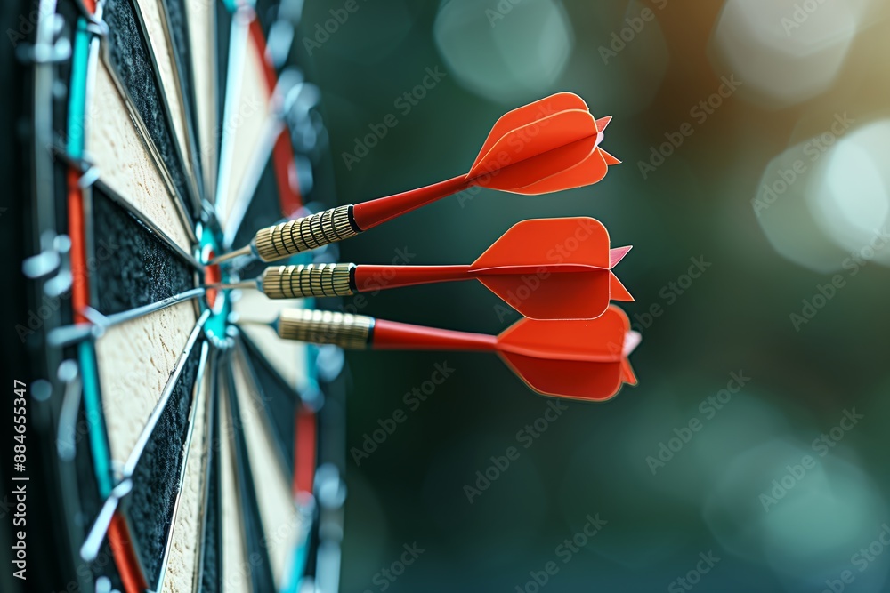 Three Red Darts Hitting the Bullseye on Dartboard Showcasing Accuracy and Precision for Goal Achievement Three Red Darts Hitting the Bullseye on Dartboard Showcasing Accuracy and Precision for Goal Achievement