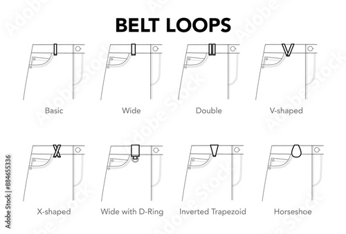 Set of Jeans Belt Loops details - Basic, Wide, Double, V X shaped styles technical fashion illustration. Flat apparel template front view. Women, men unisex CAD mockup isolated on white background